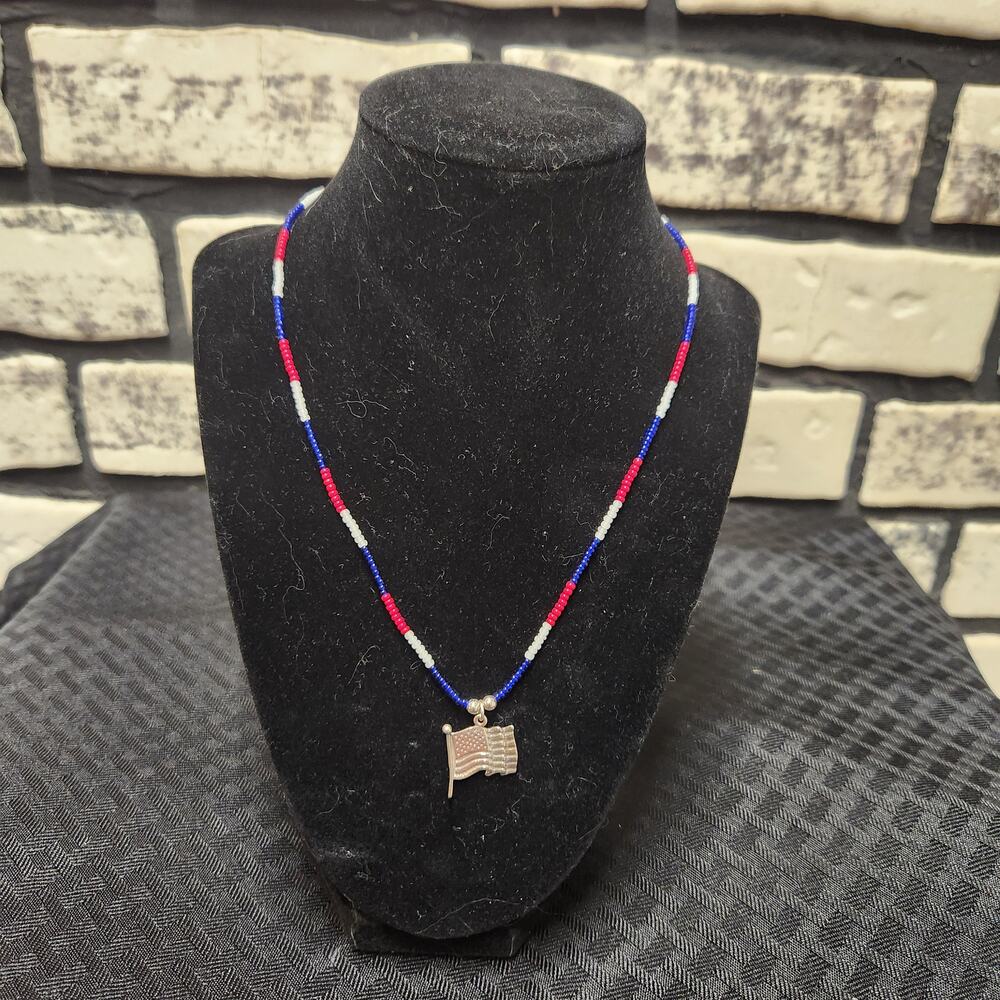 Hand-beaded red, white & blue necklace w/sterling silver flag pendant